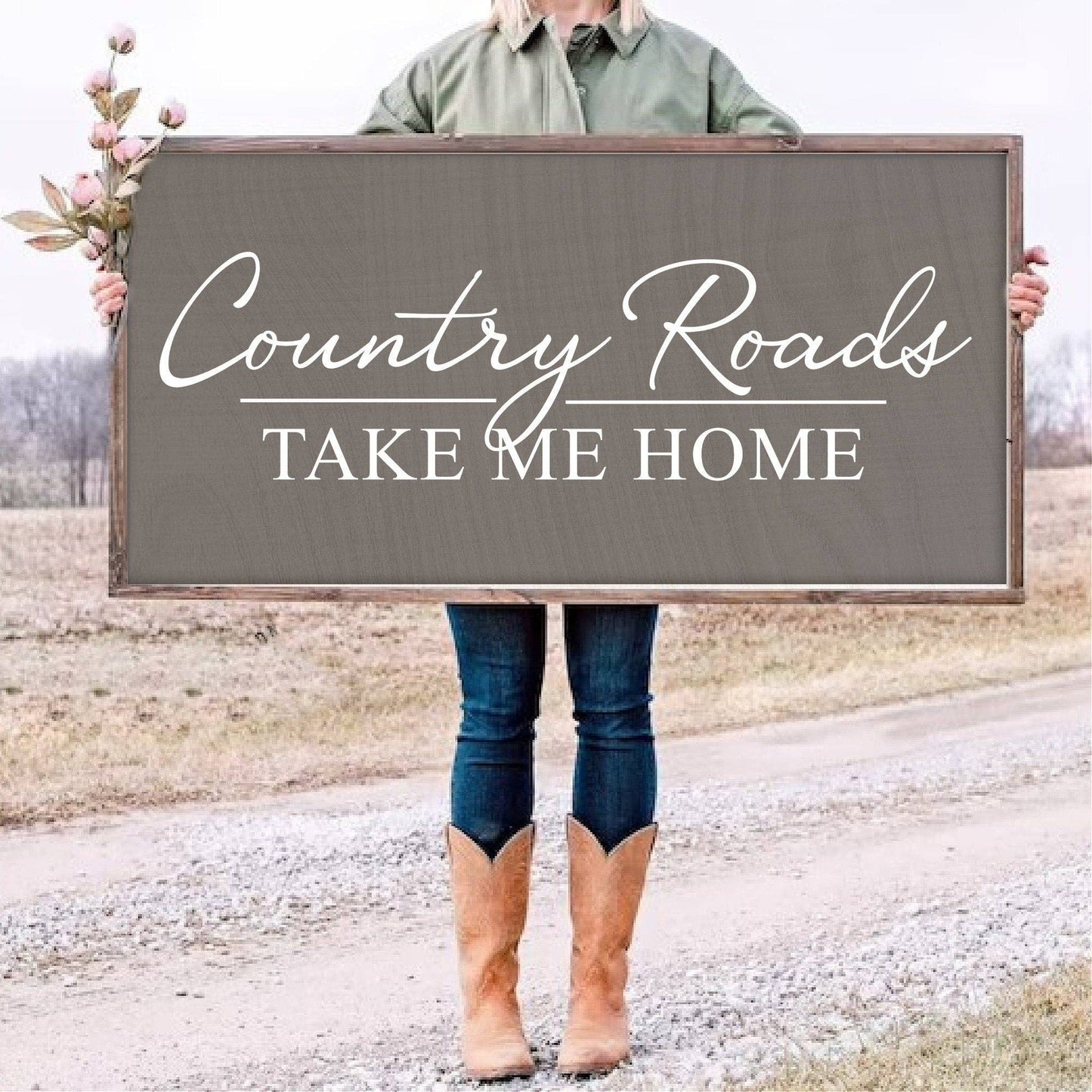 Country Roads Take Me Home 2 | Rustic sign | Country Sign |: White As Shown / 14x25 Framed