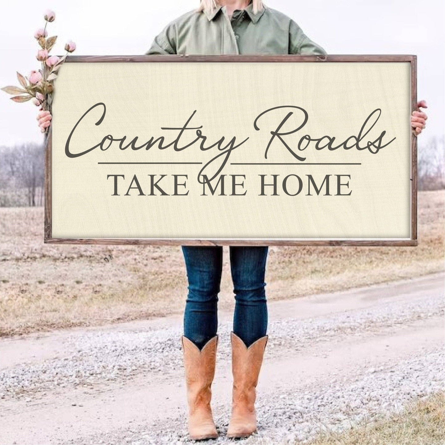 Country Roads Take Me Home 2 | Rustic sign | Country Sign |: White As Shown / 14x25 Framed