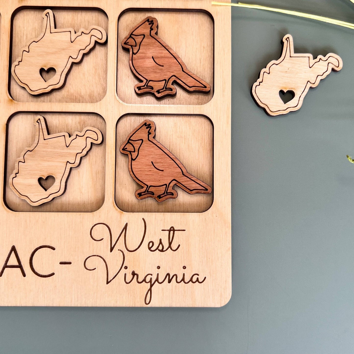 West Virginia State Gift - Tic-Tac-Toe WV Game Customizable: State + Cardinal / FINISHED - Smooth Clear Coat