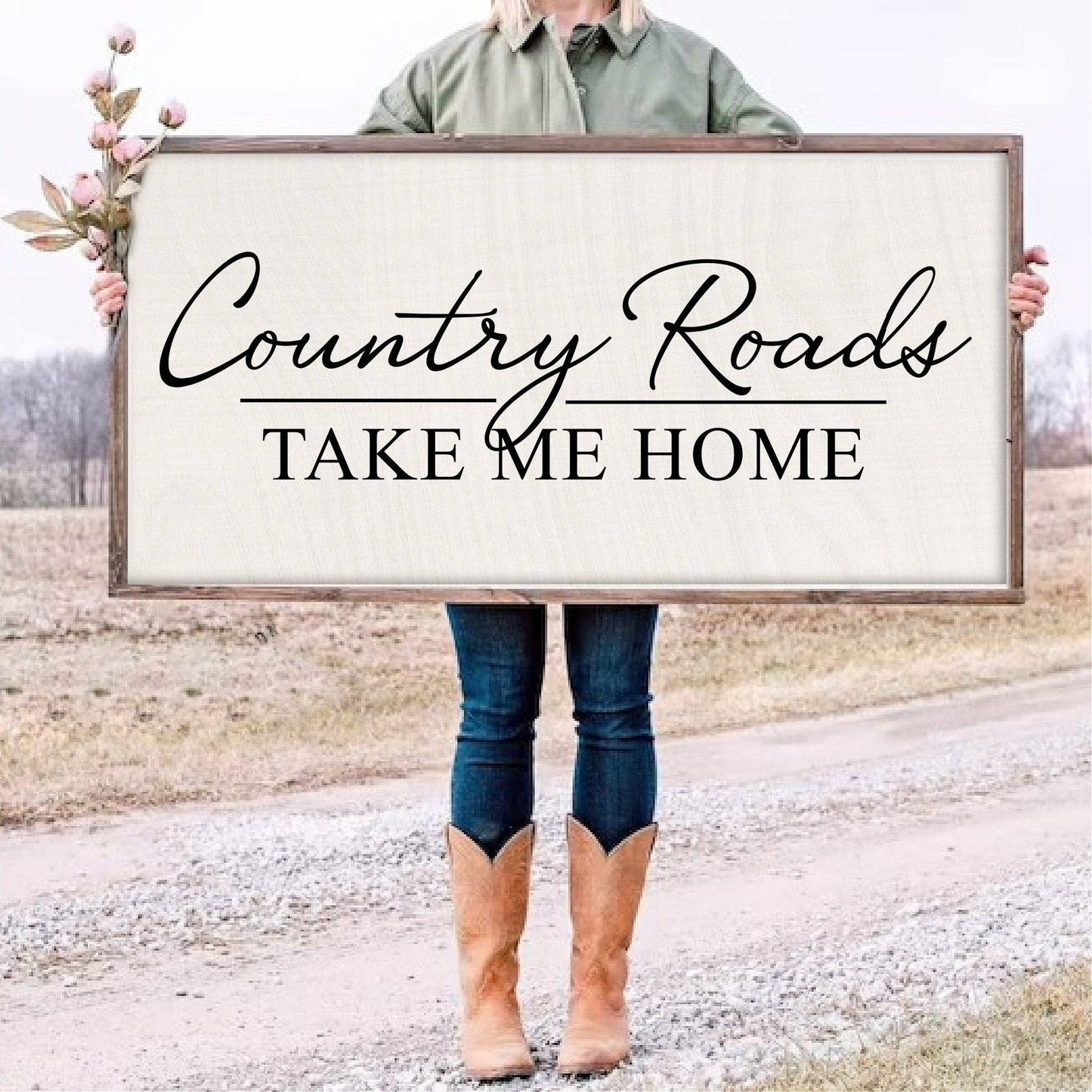 Country Roads Take Me Home 2 | Rustic sign | Country Sign |: White As Shown / 14x25 Framed