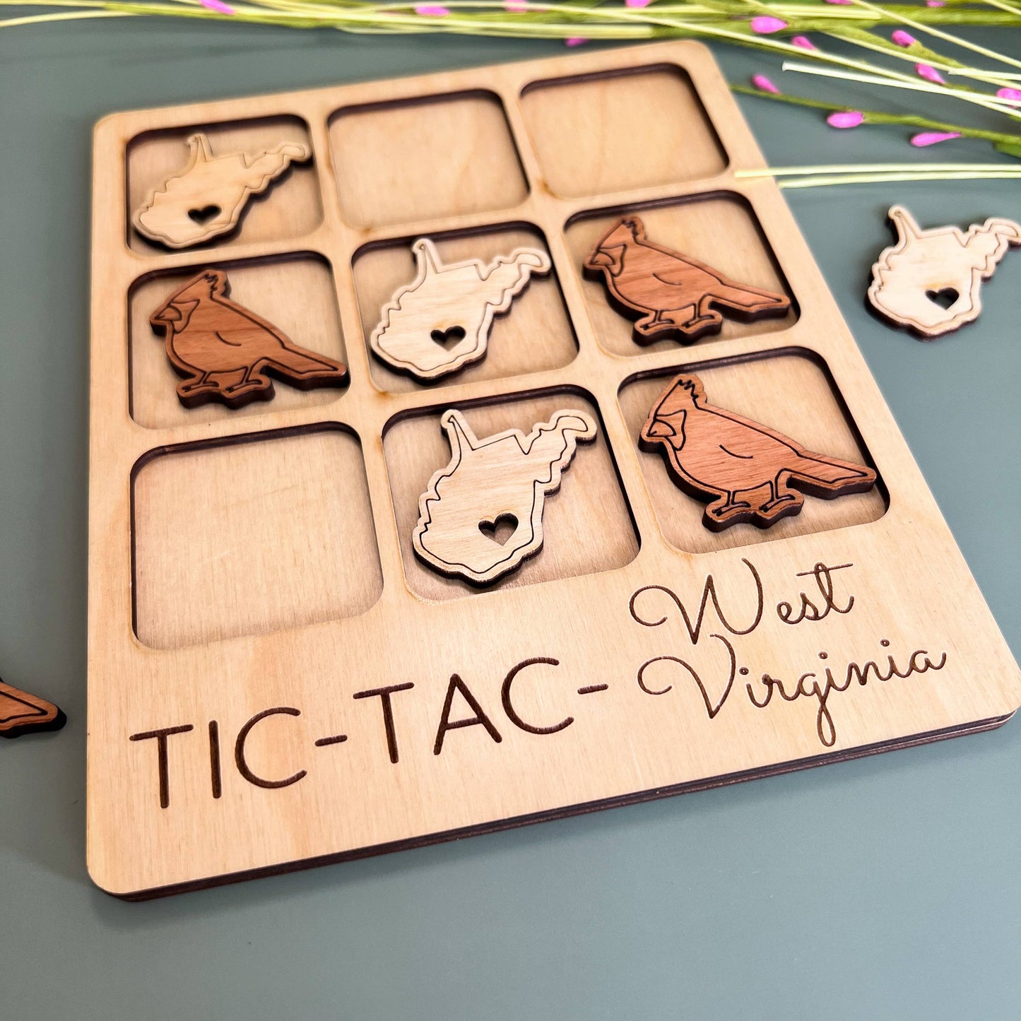 West Virginia State Gift - Tic-Tac-Toe WV Game Customizable: State + Cardinal / FINISHED - Smooth Clear Coat