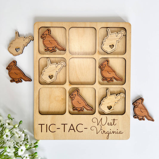 West Virginia State Gift - Tic-Tac-Toe WV Game Customizable: State + Cardinal / FINISHED - Smooth Clear Coat